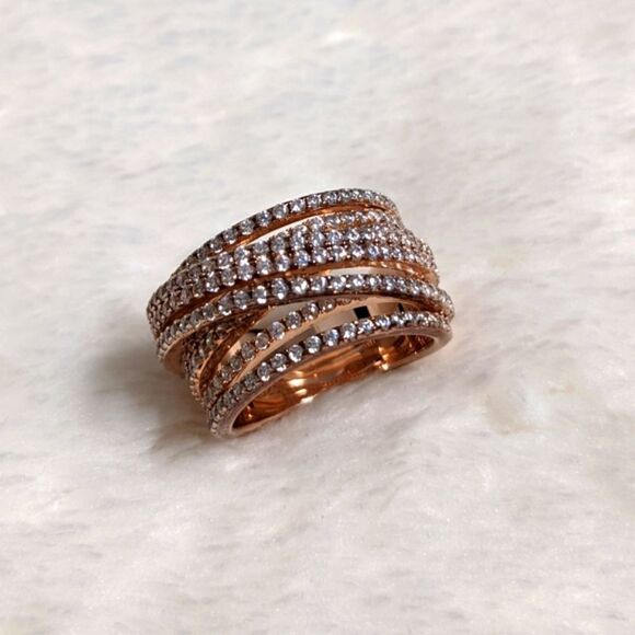 NWOT Cubic Zirconia Multi Layer Row Rose Gold Rhodium over .925 Sterling Ring - Picture 6 of 12